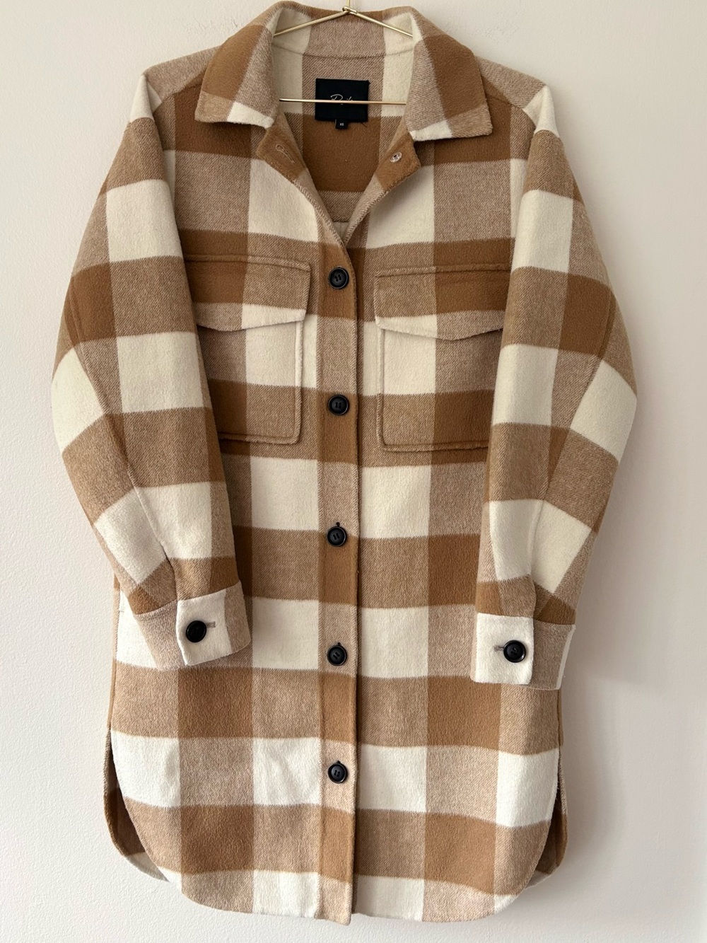 Rails Jaro Buffalo Check Shacket XS Ivory Camel Wool Blend Long Jacket